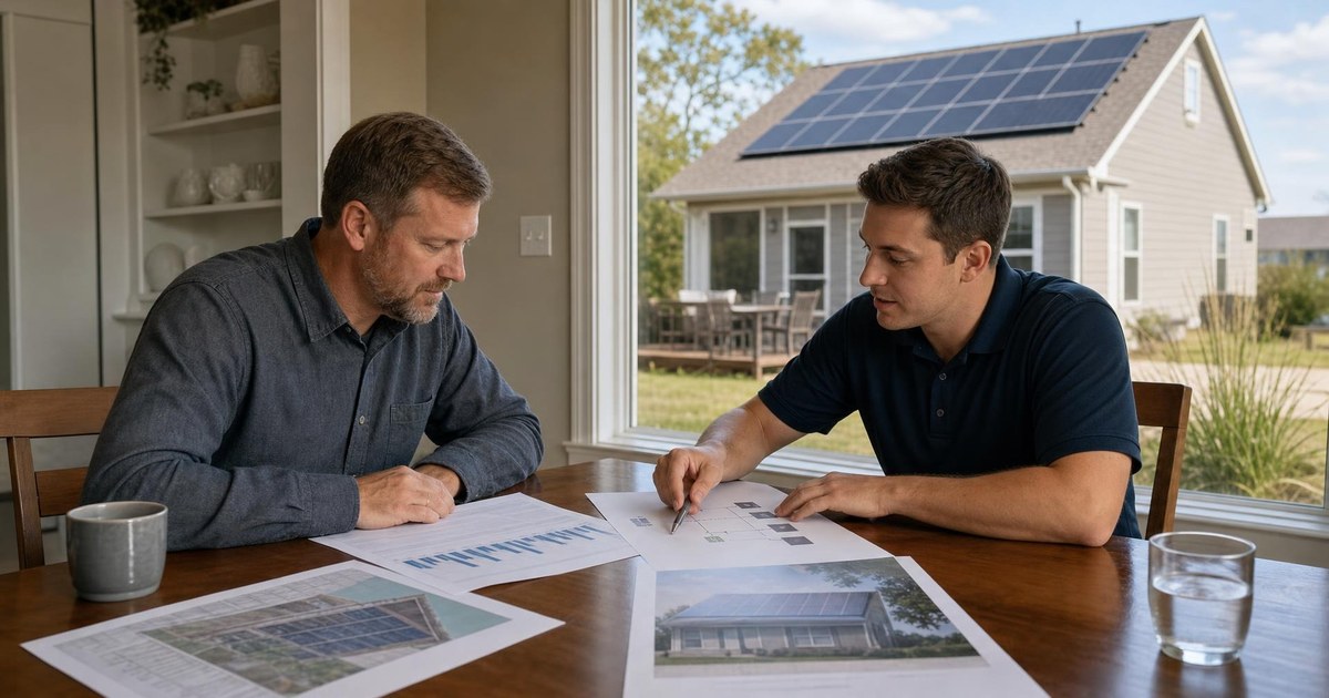 Kansas homeowner reviewing a proposed solar panel expansion with a system diagram and electric usage history.